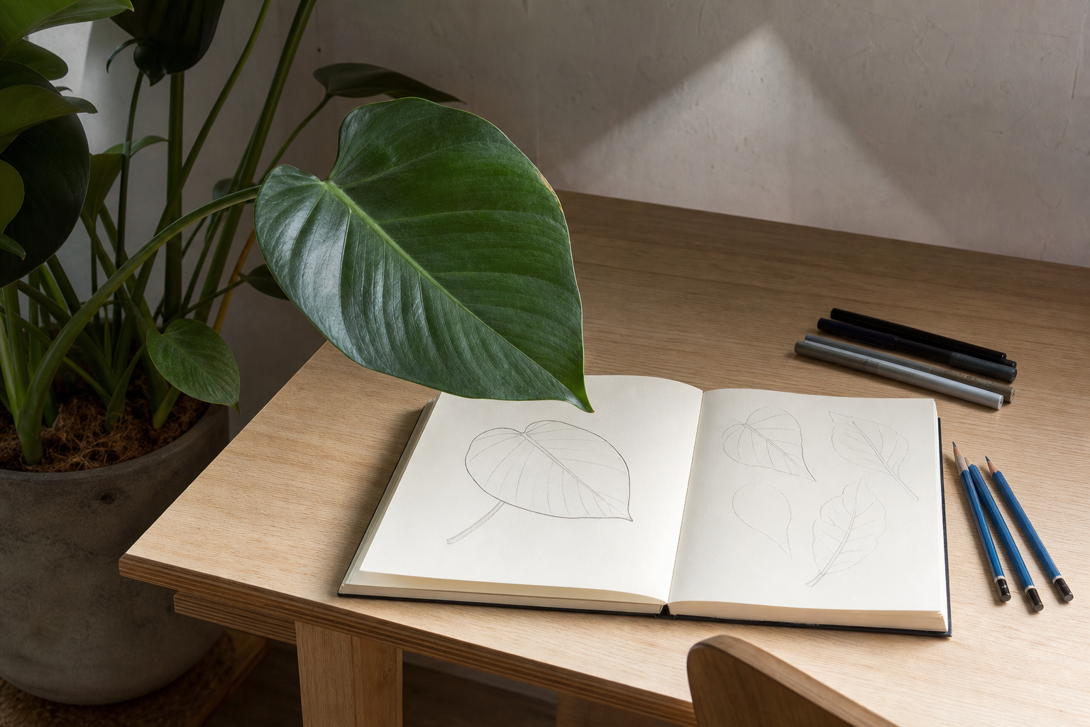 木のテーブルに一枚の葉と無罫ノート、鉛筆、筆ペンを並べ、植物の輪郭と色を描き始める場面のイメージ