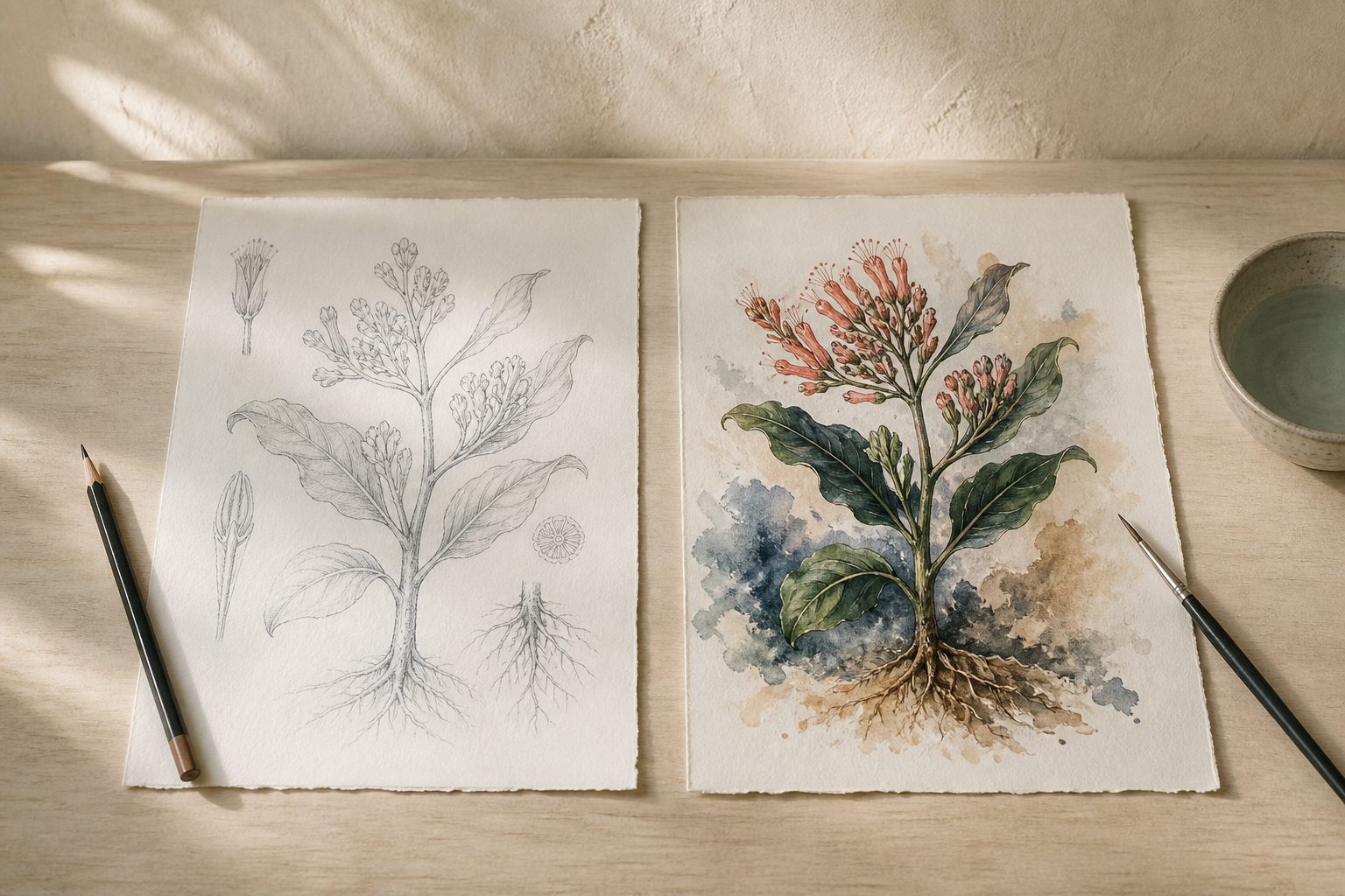 木の机に、同じ架空の植物を鉛筆線と水彩で描いた二枚のボタニカルスタディを並べたイメージ