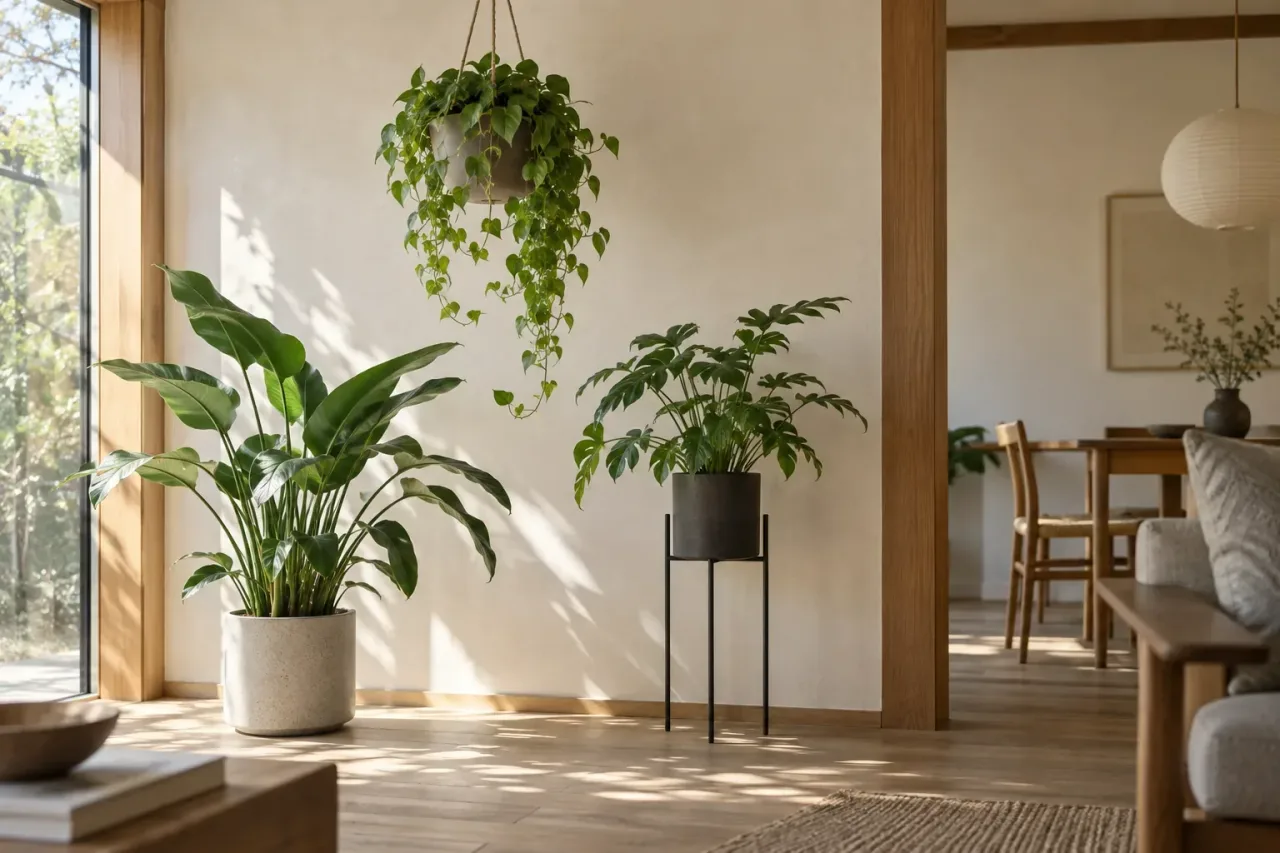 An editorial photograph of a KINTO hanging planter, an amabro pot, and a two-tier stand arranged indoors