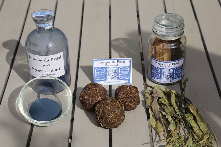 Three stages of botanical dye production: woad leaves, balls made from crushed leaves, and blue pigment