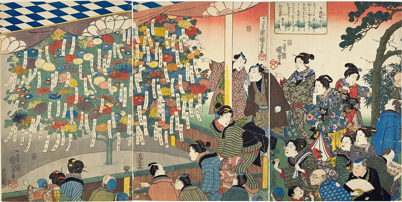 Kuniyoshi triptych showing many chrysanthemums of different colors and forms, each with a label, spreading from one trunk as spectators look on